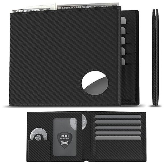 Mens Leather Wallet with AirTag Holder: Hidden Pocket , Carbon Fiber Black